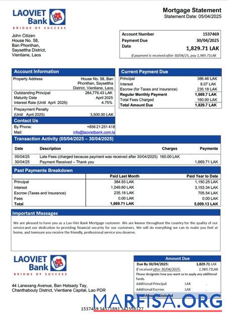 Blank Laos Lao Viet Bank mortgage statement Word and PDF template